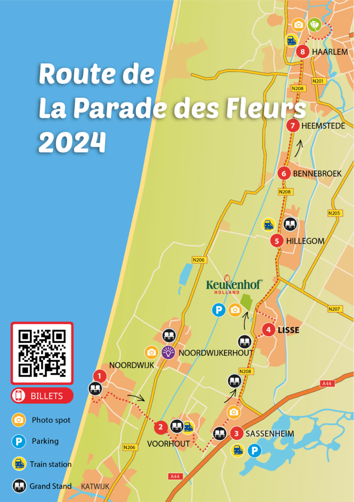 Le 20 avril 2024, la Flower Parade se déplacera à nouveau de Noordwijk à Haarlem. Consultez l'itinéraire de la Bollenstreek 2024 ici.