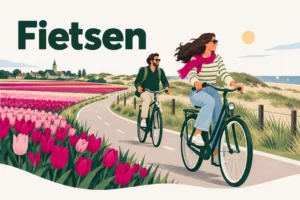 Fietsen – illustratie van twee fietsers op een fietspad langs bloeiende tulpenvelden en de duinen in de Bollenstreek