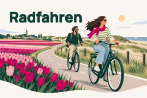 Radfahren – Illustration von zwei Radfahrern auf einem Radweg entlang blühender Tulpenfelder und der Dünen in der Bollenstreek