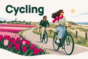 Cycling – illustration of two cyclists on a cycle path along blooming tulip fields and the dunes in the Bollenstreek