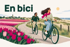 En bici – ilustración de dos ciclistas en un carril bici junto a campos de tulipanes en flor y las dunas de la Bollenstreek