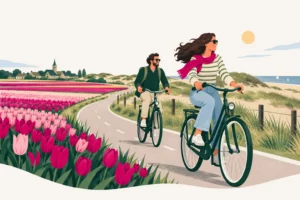 Cycling – illustration of two cyclists on a cycle path along blooming tulip fields and the dunes in the Bollenstreek