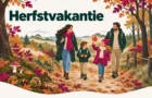 Herfstvakantie – illustratie van een gezin dat door herfstbos en duinen wandelt, met kastanjes, paddenstoelen en kleurrijke bladeren