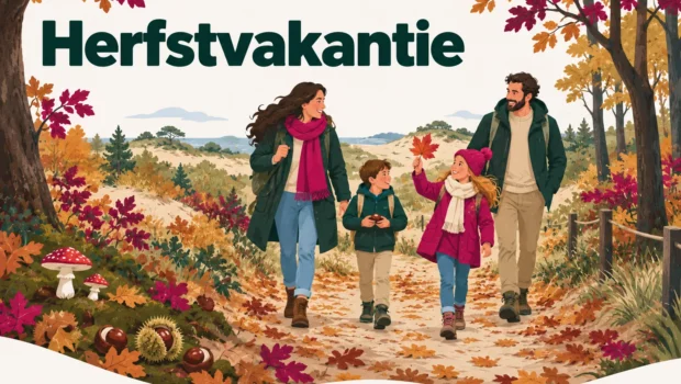 Herfstvakantie – illustratie van een gezin dat door herfstbos en duinen wandelt, met kastanjes, paddenstoelen en kleurrijke bladeren