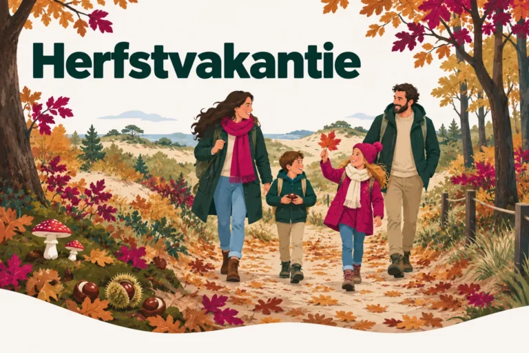 Herfstvakantie – illustratie van een gezin dat door herfstbos en duinen wandelt, met kastanjes, paddenstoelen en kleurrijke bladeren