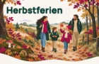 Herbstferien – Illustration einer Familie, die durch Herbstwald und Dünen wandert, mit Kastanien, Pilzen und bunten Blättern