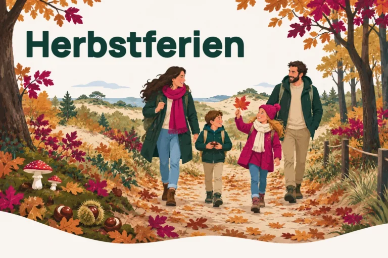Herbstferien – Illustration einer Familie, die durch Herbstwald und Dünen wandert, mit Kastanien, Pilzen und bunten Blättern