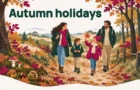 Autumn holidays – illustration of a family walking through autumn woods and dunes, with chestnuts, mushrooms and colourful leaves