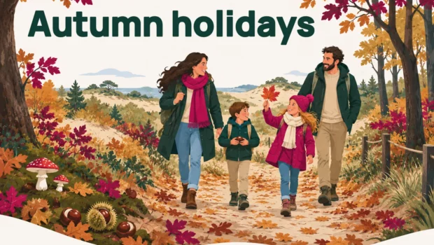 Autumn holidays – illustration of a family walking through autumn woods and dunes, with chestnuts, mushrooms and colourful leaves