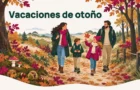 Vacaciones de otoño – ilustración de una familia paseando por un bosque otoñal y las dunas, con castañas, setas y hojas de colores