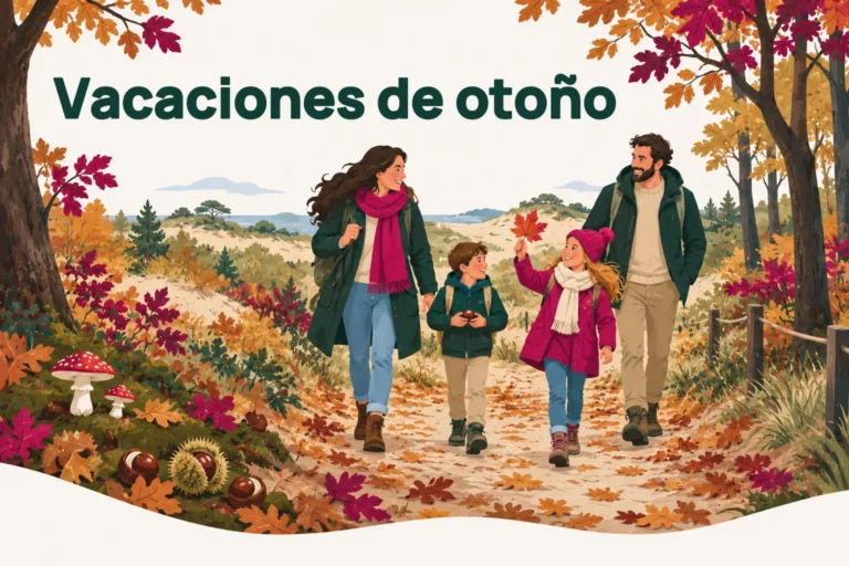 Vacaciones de otoño – ilustración de una familia paseando por un bosque otoñal y las dunas, con castañas, setas y hojas de colores