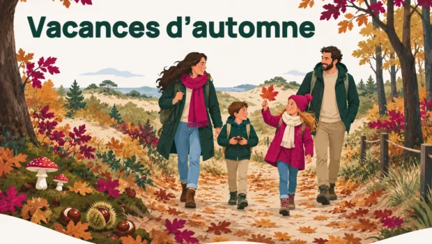 Vacances d’automne – illustration d’une famille se promenant dans une forêt d’automne et les dunes, avec châtaignes, champignons et feuilles colorées