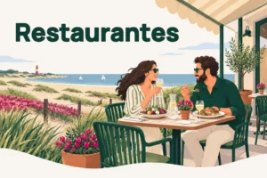 Restaurantes – ilustración de una pareja comiendo en una terraza con vistas a la playa, las dunas y un faro en la costa