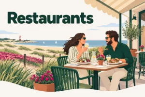 Restaurants – illustration d’un couple dînant en terrasse avec vue sur la plage, les dunes et un phare sur la côte