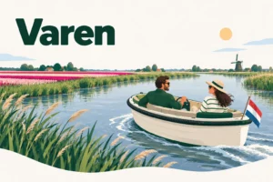 Varen – illustratie van een stel in een sloep op het water tussen riet, tulpenvelden en een molen in de Bollenstreek