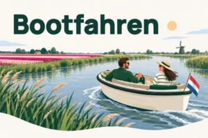 Bootfahren – Illustration eines Paares in einem offenen Boot auf dem Wasser zwischen Schilf, Tulpenfeldern und einer Windmühle in der Bollenstreek