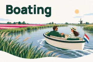 Boating – illustration of a couple in an open boat on the water between reeds, tulip fields and a windmill in the Bollenstreek