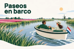 Paseos en barco – ilustración de una pareja en una barca abierta sobre el agua entre juncos, campos de tulipanes y un molino en la Bollenstreek
