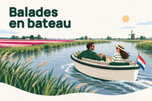 Balades en bateau – illustration d’un couple dans une barque ouverte sur l’eau, entre roseaux, champs de tulipes et un moulin dans la Bollenstreek