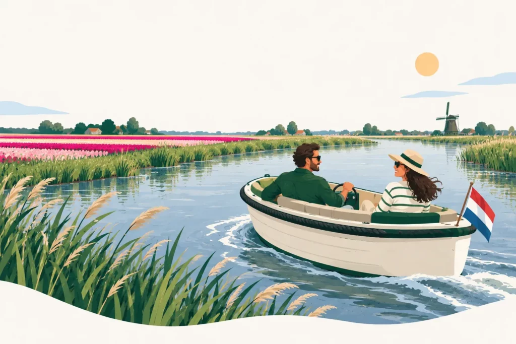 Varen – illustratie van een stel in een sloep op het water tussen riet, tulpenvelden en een molen in de Bollenstreek