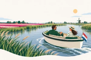 Boating – illustration of a couple in an open boat on the water between reeds, tulip fields and a windmill in the Bollenstreek