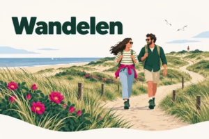 Wandelen – illustratie van een stel op een duinpad langs zee, met duinrozen en een vuurtoren aan de kust van de Bollenstreek