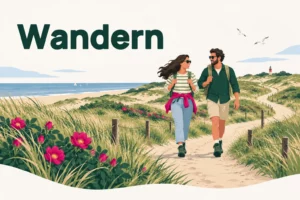 Wandern – Illustration eines Paares auf einem Dünenweg am Meer, mit Dünenrosen und einem Leuchtturm an der Küste der Bollenstreek