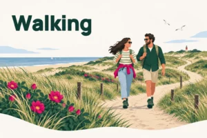 Walking – illustration of a couple on a dune path by the sea, with dune roses and a lighthouse on the Bollenstreek coast