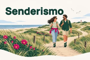 Senderismo – ilustración de una pareja en un sendero de dunas junto al mar, con rosas de duna y un faro en la costa de la Bollenstreek