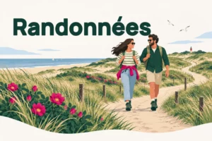 Randonnées – illustration d’un couple sur un sentier de dunes au bord de la mer, avec rosiers des dunes et un phare sur la côte de la Bollenstreek