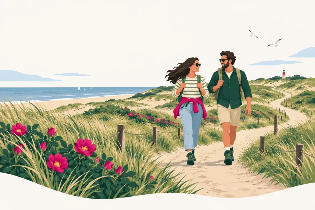 Wandelen – illustratie van een stel op een duinpad langs zee, met duinrozen en een vuurtoren aan de kust van de Bollenstreek