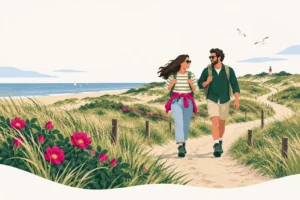 Wandern – Illustration eines Paares auf einem Dünenweg am Meer, mit Dünenrosen und einem Leuchtturm an der Küste der Bollenstreek
