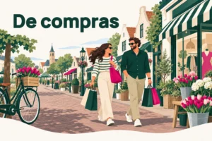 De compras – ilustración de una pareja con bolsas de la compra en una calle de pueblo con tiendas, flores y tulipanes en la Bollenstreek