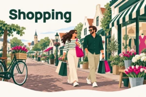 Shopping – illustration d’un couple avec des sacs de courses dans une rue de village avec boutiques, fleurs et tulipes dans la Bollenstreek