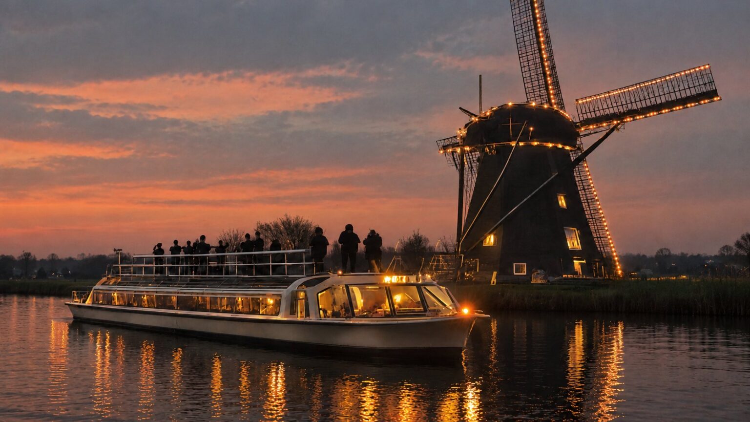 Rondvaartboot vaart bij zonsondergang langs een verlichte molen op de Kagerplassen tijdens Lichtmagie