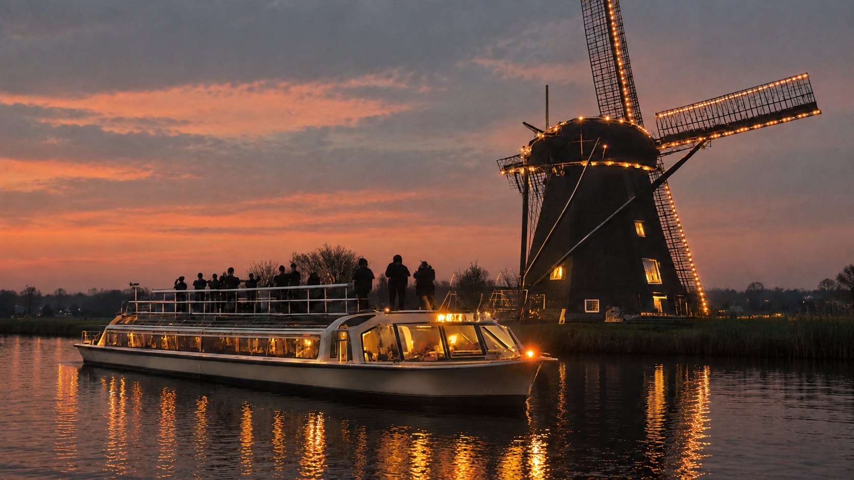 Rondvaartboot vaart bij zonsondergang langs een verlichte molen op de Kagerplassen tijdens Lichtmagie